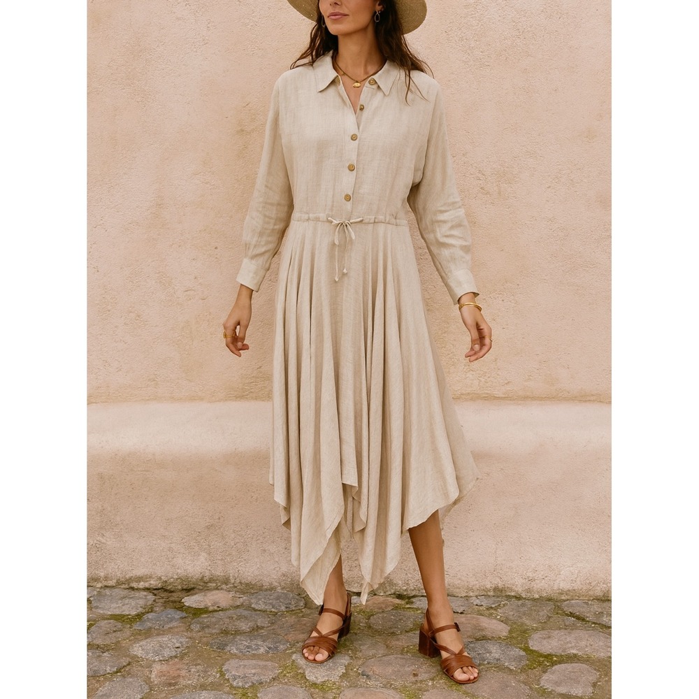 Anthropologie MoVint sz L Women Linen TieWaist Collared Button Dress Cottagecore